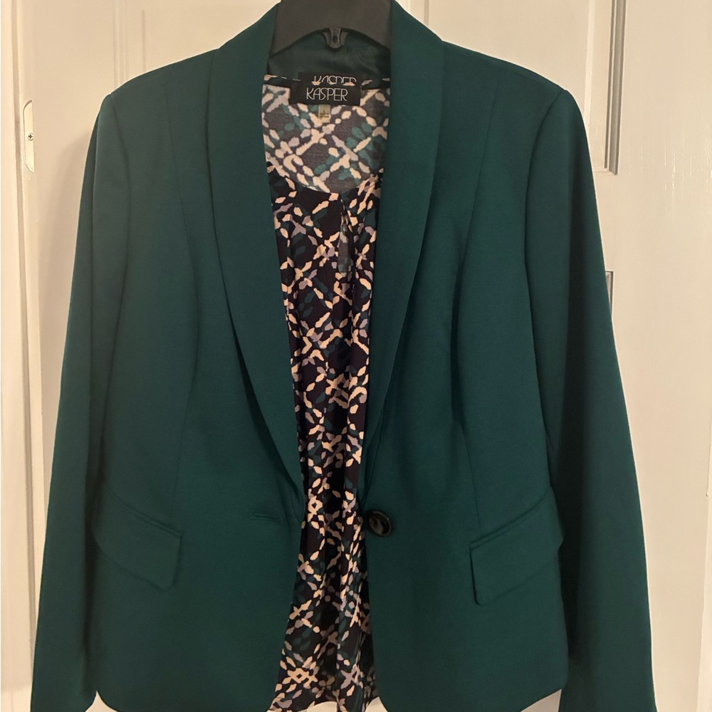 Kasper Teal Blazer with Patterned Blouse